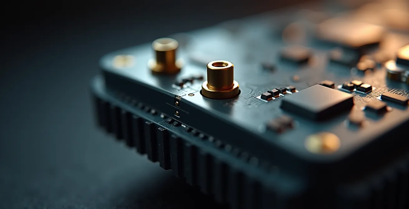 Gros plan sur une batterie au lithium pour robot tondeuse avec connecteurs dorés et coque protective