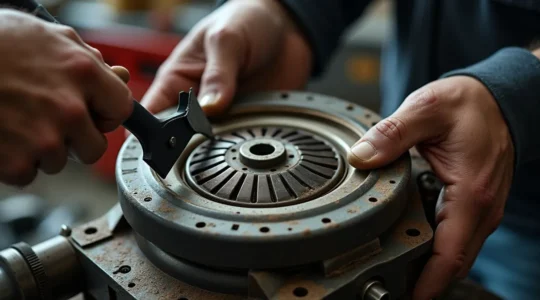 Illustration d'un embrayage ancien de véhicule de collection en cours de diagnostic, montrant ses composants internes