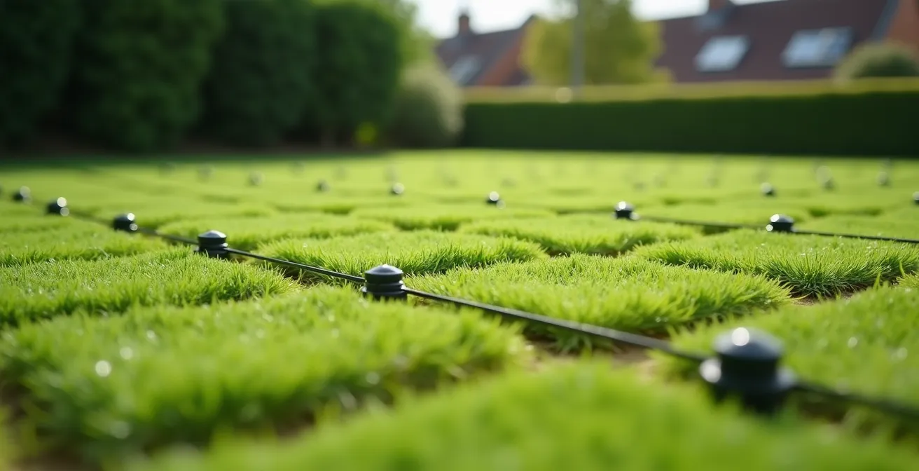 Pose du câble périphérique dans un jardin avec délimitation nette et cavaliers de fixation