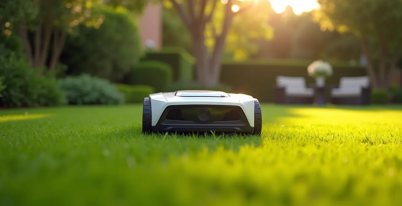 Robot tondeuse Husqvarna Automower en action dans un jardin résidentiel verdoyant avec une pelouse impeccable