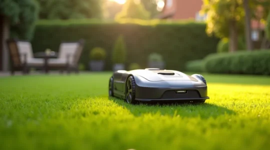 Robot tondeuse Husqvarna Automower en action dans un jardin résidentiel verdoyant avec une pelouse impeccable