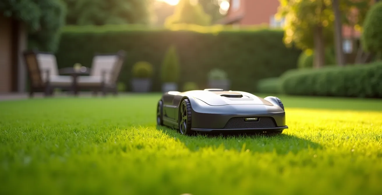 Robot tondeuse Husqvarna Automower en action dans un jardin résidentiel verdoyant avec une pelouse impeccable