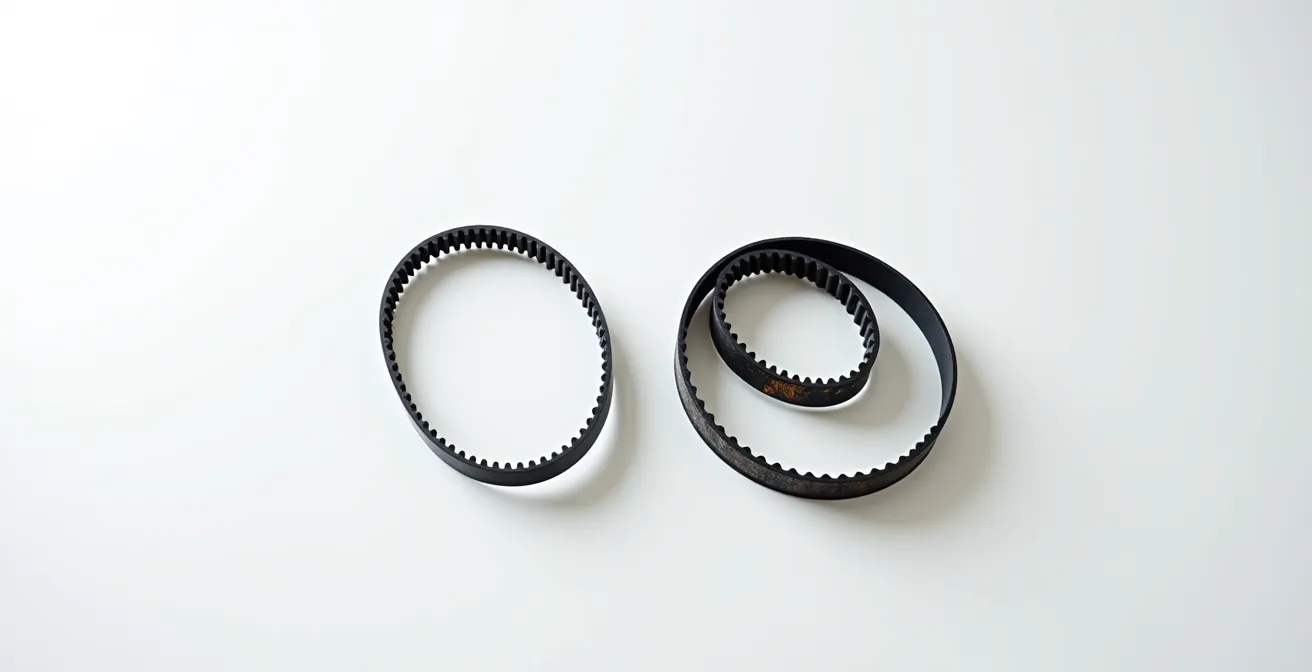 Comparaison côte à côte d'une courroie de distribution neuve et usée sur fond épuré
