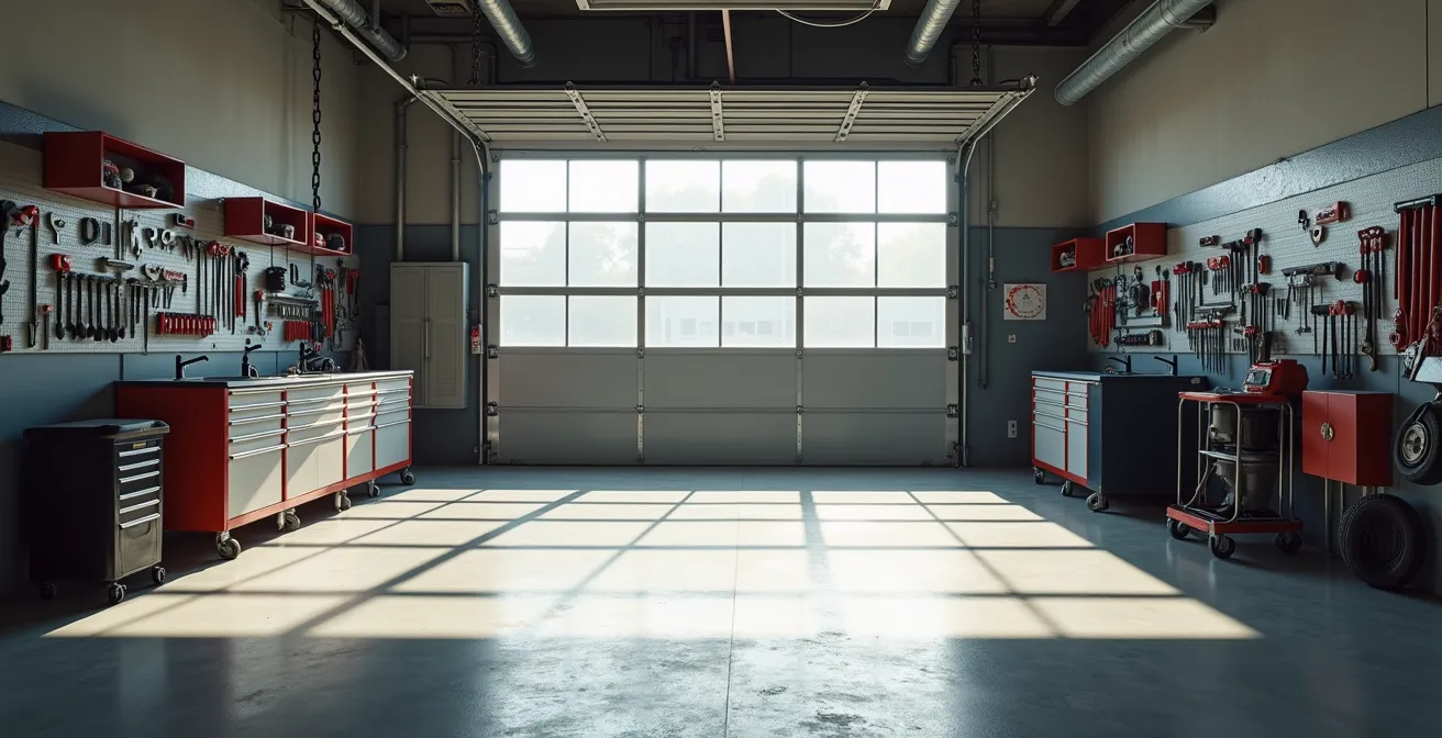Vue large d'un garage moderne avec outils rangés et espace épuré