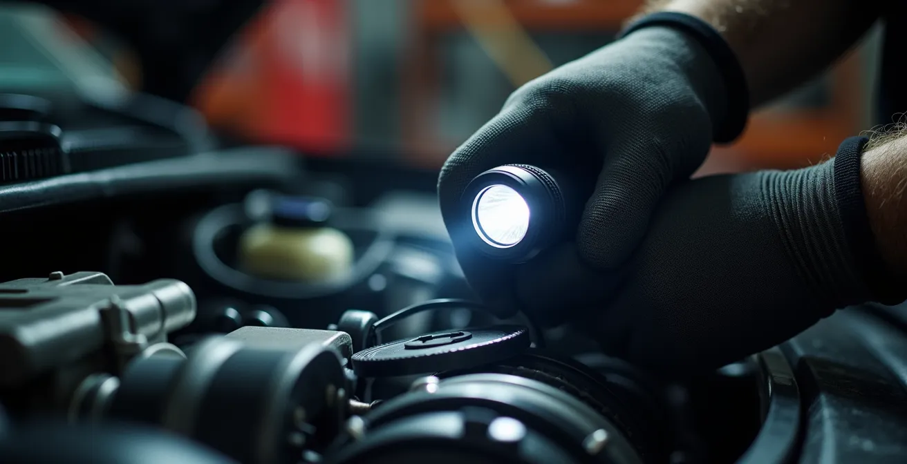 Main de mécanicien inspectant une courroie de distribution avec une lampe torche