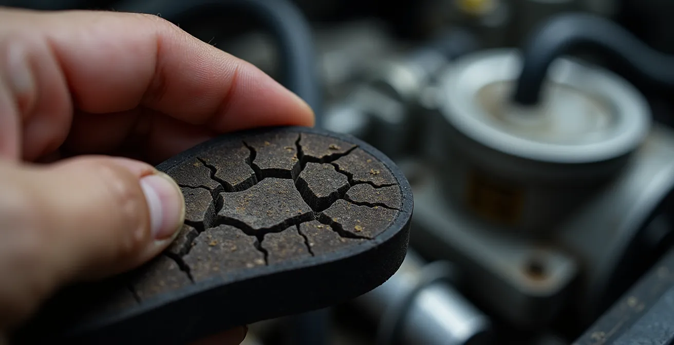 Gros plan sur les mains d'un mécanicien inspectant les craquelures d'une courroie de distribution