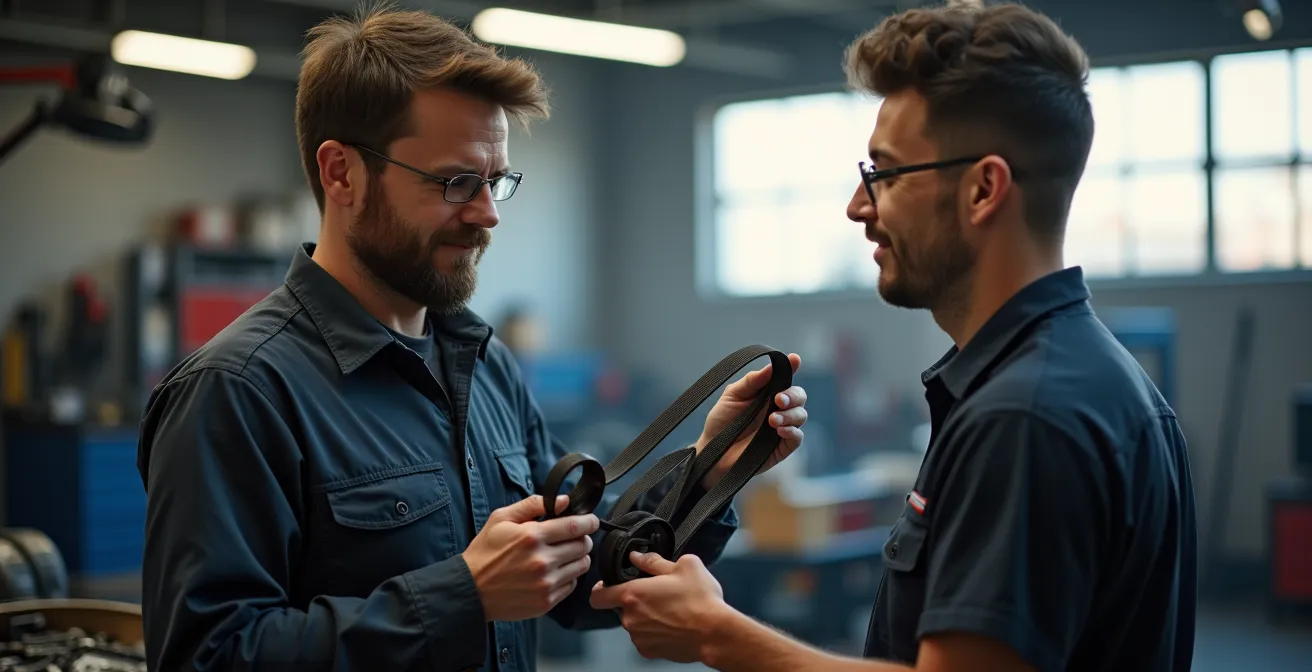 Mécanicien expliquant le diagnostic à un client dans un garage professionnel