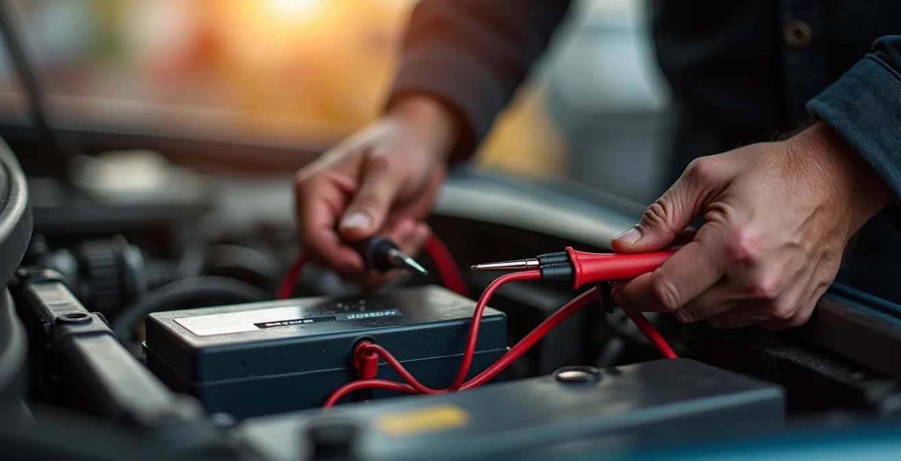 Mains testant une batterie avec un multimètre