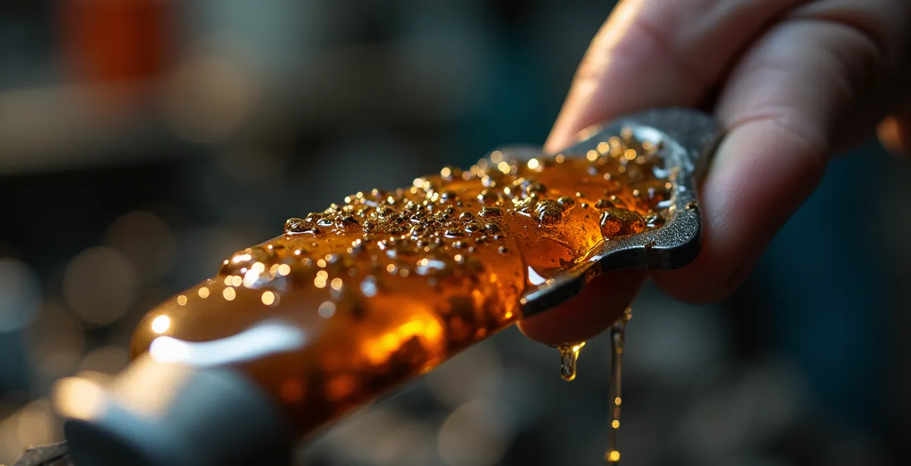 Analyse visuelle de l'huile moteur usagée entre les doigts d'un mécanicien