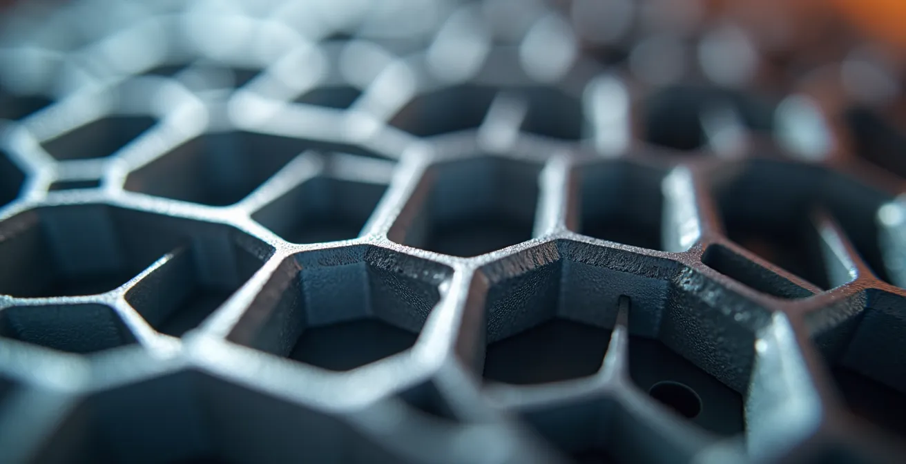 Détail macro d'une surface métallique complexe avec motifs géométriques