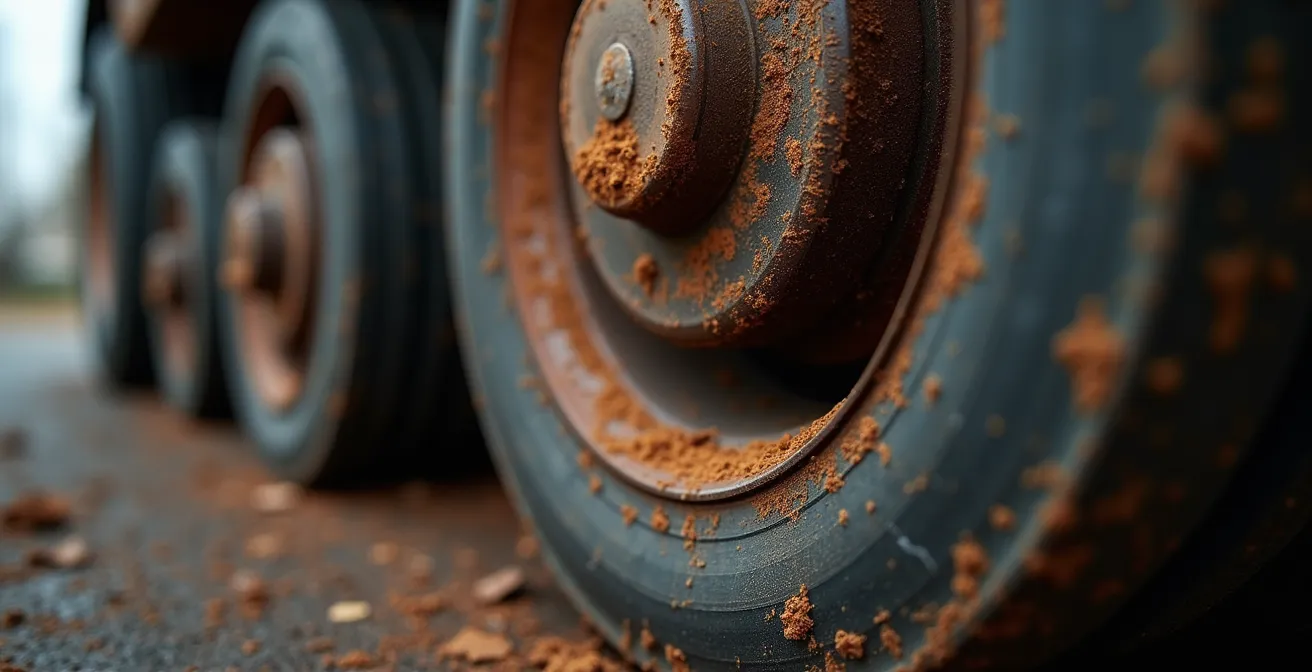 Vue macro d'un roulement de roue de poids lourd montrant les traces d'usure et textures métalliques