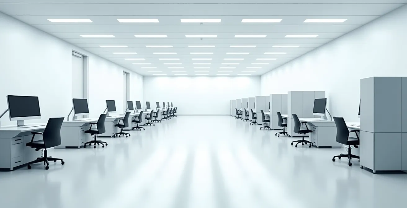 Vue large d'une salle blanche spatiale avec équipements techniques et éclairage uniforme