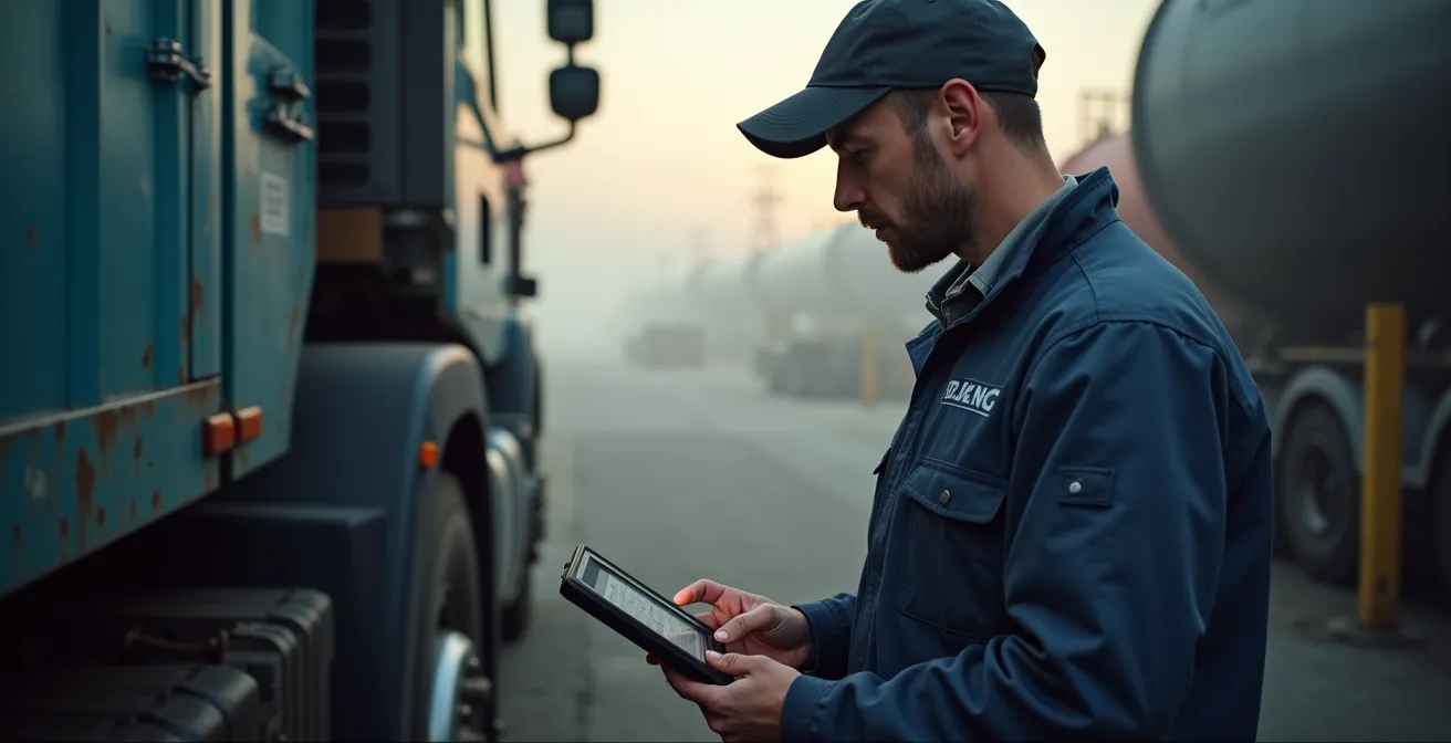 Mécanicien mobile utilisant une tablette numérique devant un camion en intervention sur site