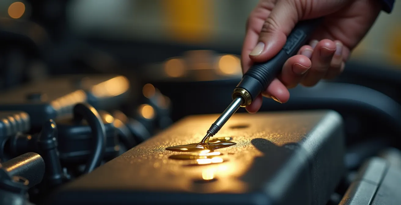 Main tenant une jauge d'huile avec reflets dorés sans marquage visible