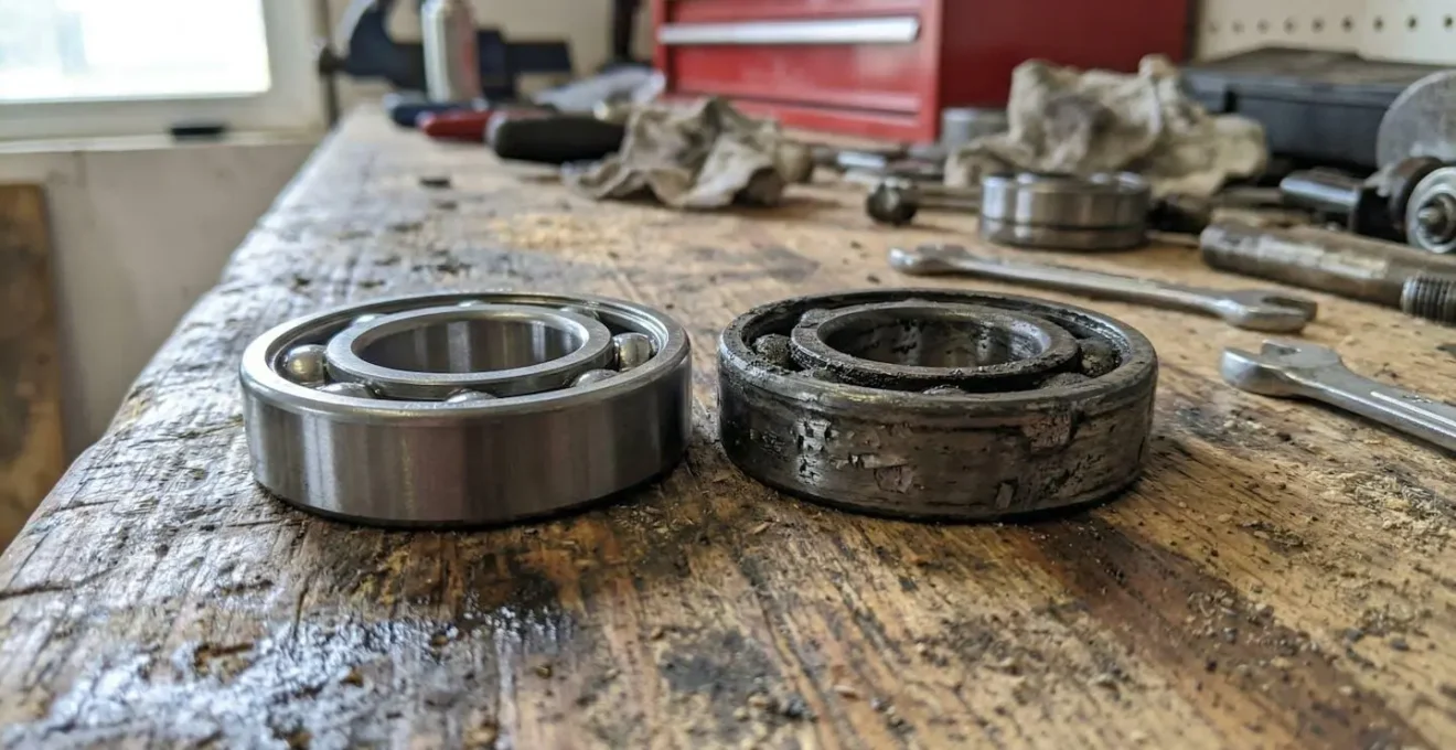 Deux roulements posés côte à côte sur un établi, l'un neuf avec piste brillante, l'autre usé présentant des traces d'écaillage sur le chemin de roulement