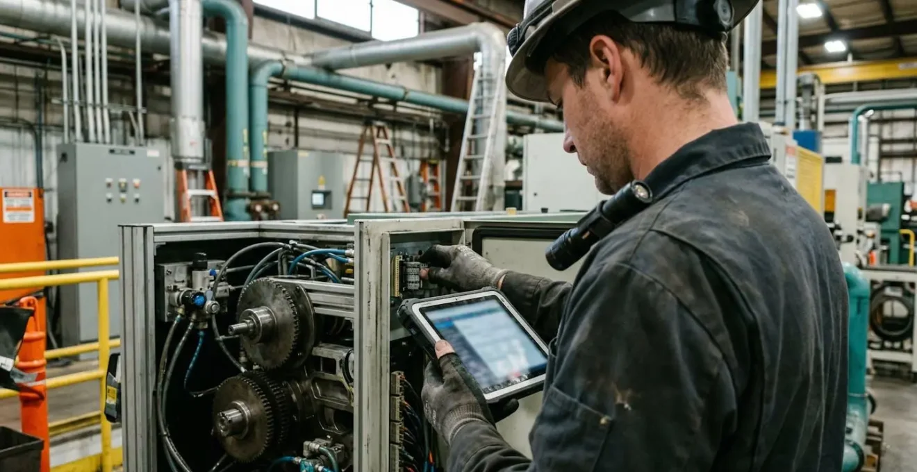 Technicien vu de dos consultant une tablette devant une machine industrielle ouverte dans un environnement d'atelier