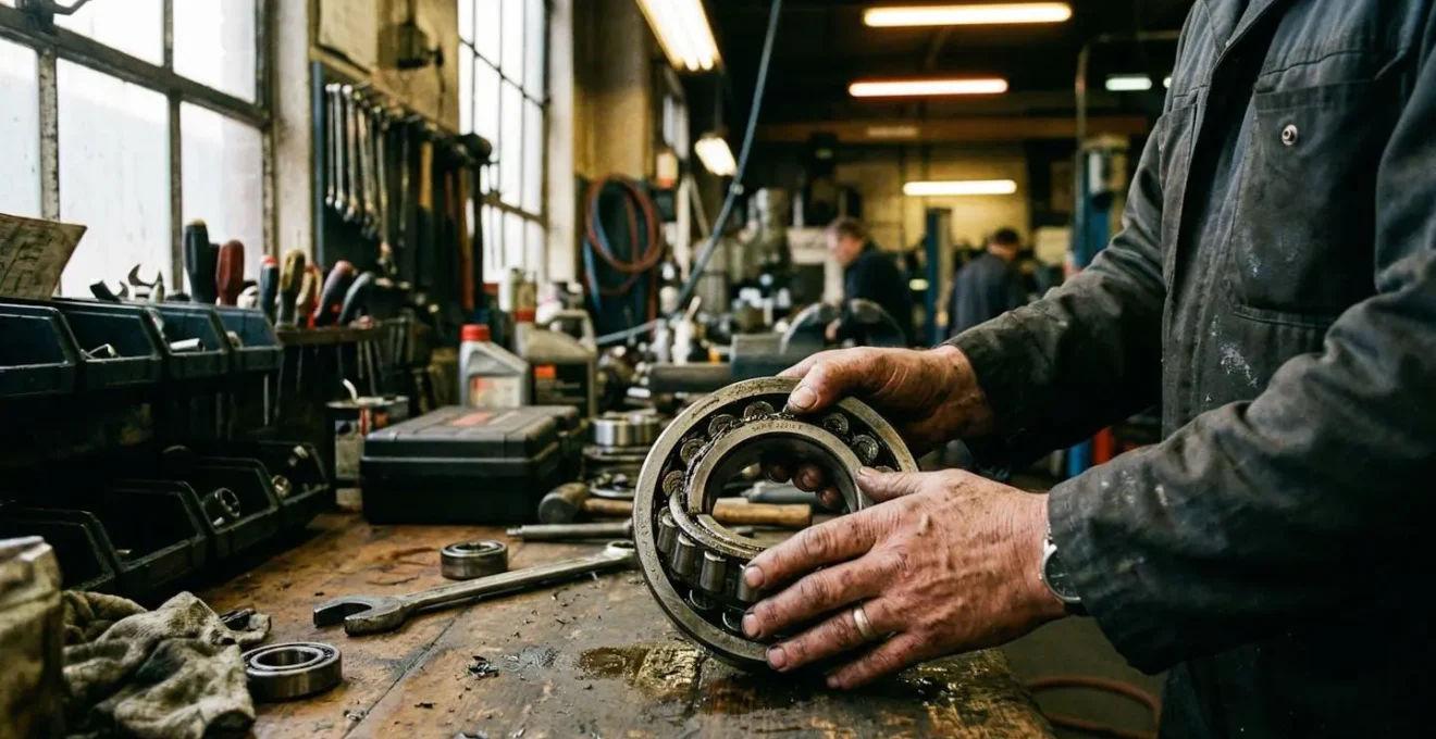 Mains d'un technicien manipulant un roulement ouvert sur un établi d'atelier industriel avec des pièces mécaniques en arrière-plan
