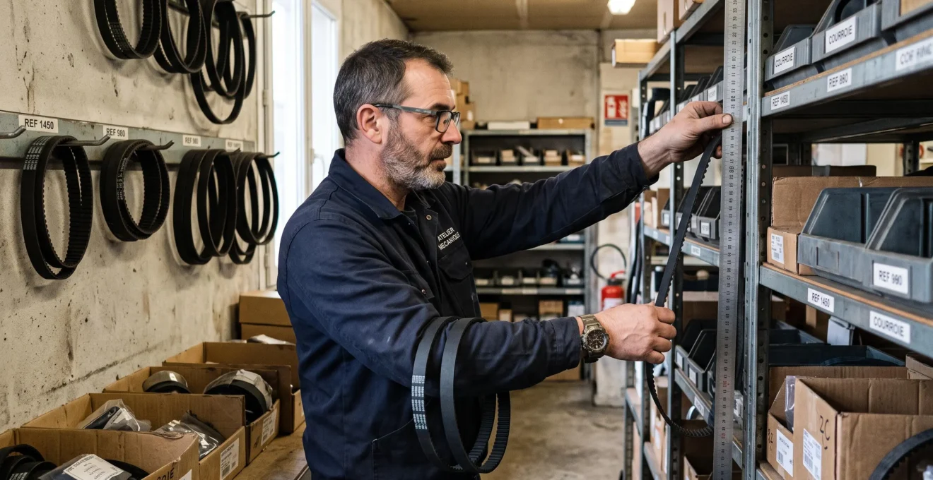 Un magasinier compare la longueur d'une courroie de transmission contre une règle graduée fixée sur une étagère de stockage.