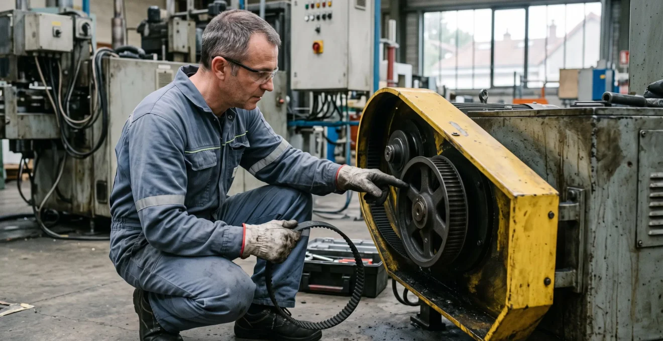 Un technicien de maintenance examine une courroie dentée de transmission sur la poulie d'une machine industrielle dans un atelier français.