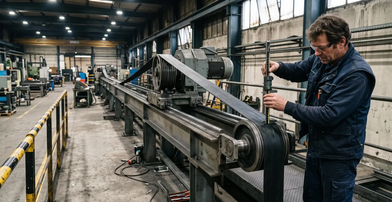 Un technicien mesure la largeur d'une courroie linéaire tendue entre deux poulies sur l'axe d'une machine industrielle.